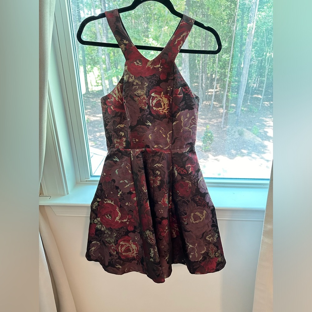 AQUA Burgundy and Gold Floral Mini Dress, size S